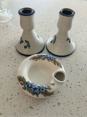 Hand-Painted Blueberry Design Pottery Candle Holders & vase Set, Signed